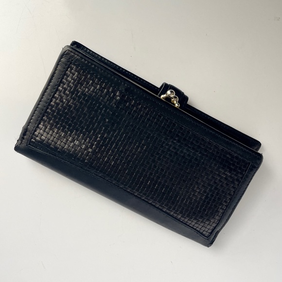 Vintage Coach Woven Leather Checkbook Wallet with Kiss Lock Long Black 90s - Picture 4 of 10